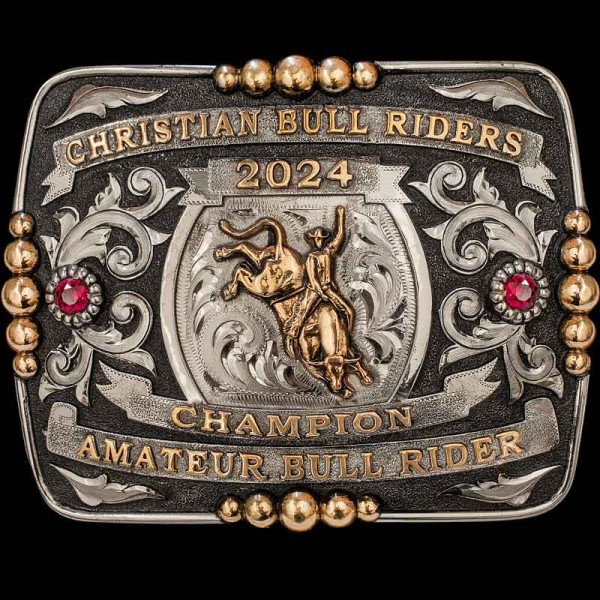 Let's hear a "Yee-haw!" for the Lancaster Belt Buckle. This beautiul custom trophy buckle is built on a matted square base, with amazing silver scrolls and large bronze beads. Personalize it today! 